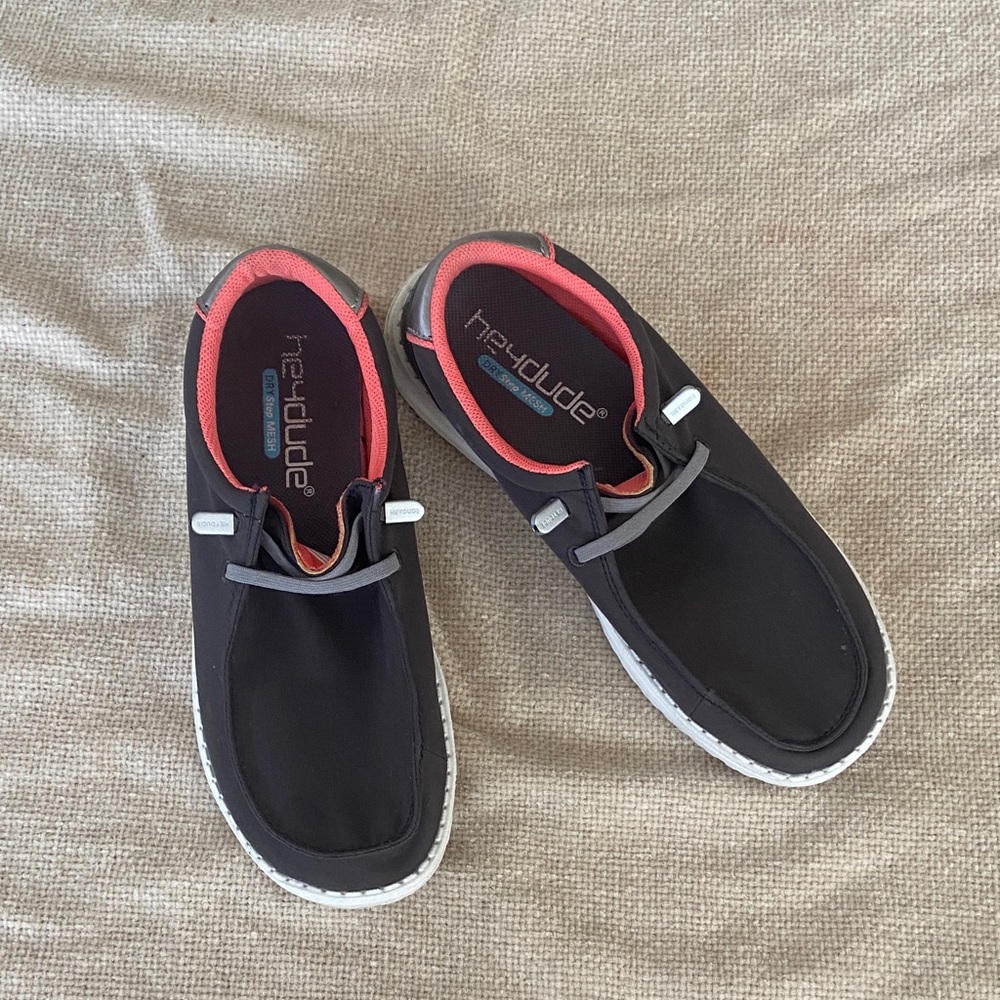Hey Dude Black Shoes with Red Trim